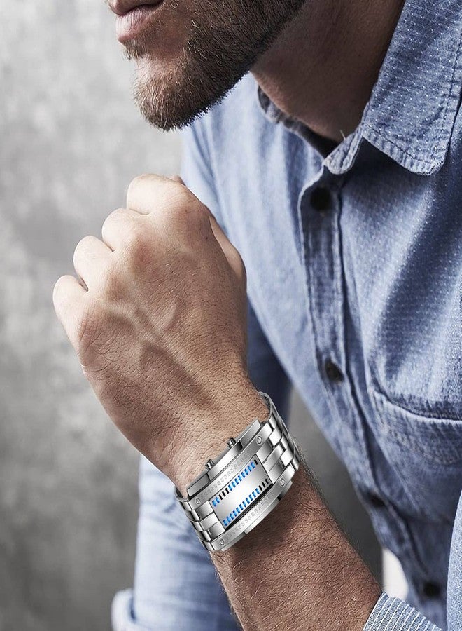 Fanmis Binary Matrix Blue LED Digital Waterproof Watch Mens Classic Creative Fashion Silver Wrist Watches (Silver Blue) - Image 3